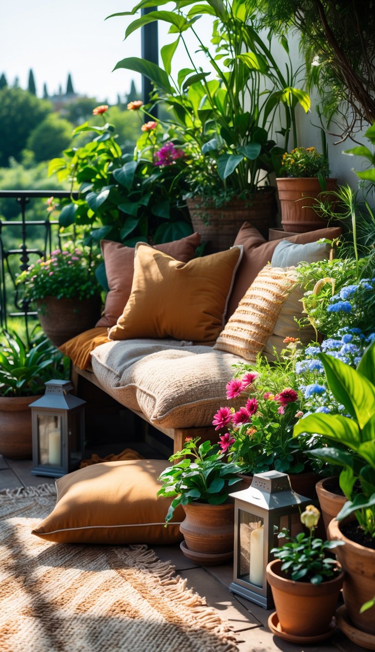 A cozy terrace garden corner with cushions, rugs, and lush green plants creating a comfortable outdoor seating area.